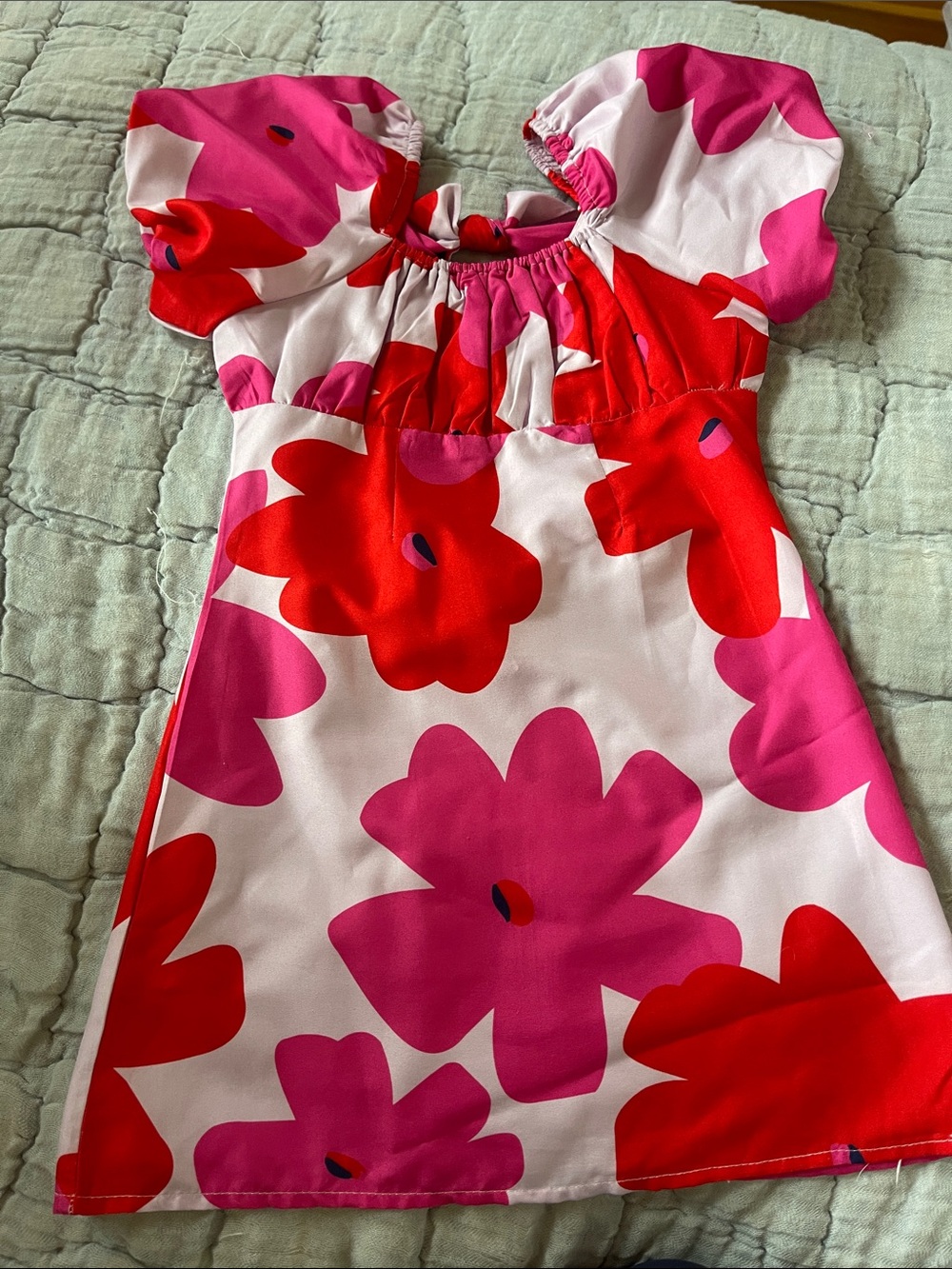 Girls Pink & Red Floral Puff-Sleeve Dress